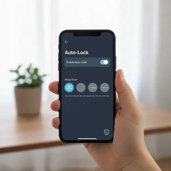 Mobile app showing smart lock auto-lock settings, delay adjustment options.