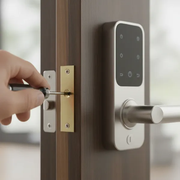 Person adjusting a door strike plate for smart lock alignment, using a screwdriver.