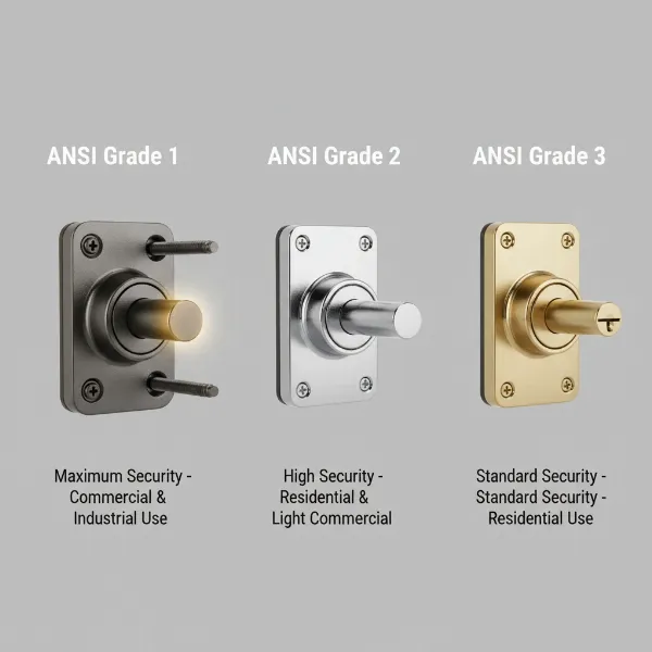 Visual comparison of ANSI lock grades: Grade 1, 2, and 3, highlighting differences in durability and security features.