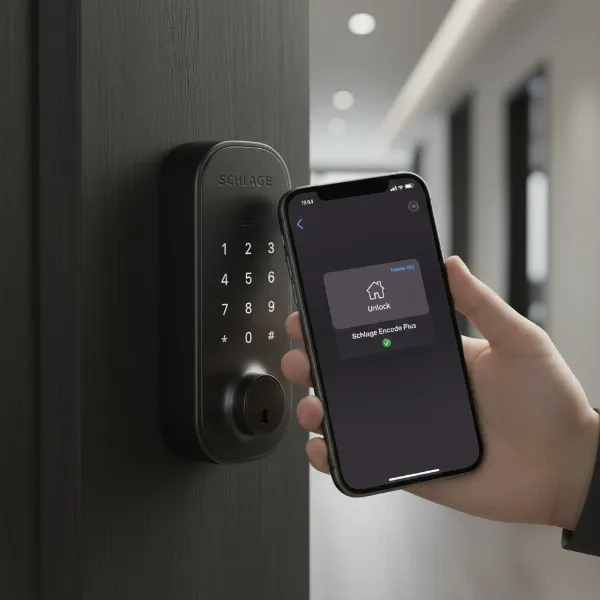A person tapping an iPhone on a Schlage Encode Plus smart lock for Apple Home Key.