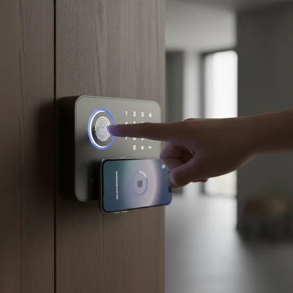 Aqara U100 smart lock demonstrating fingerprint, keypad, and Apple Home Key access.