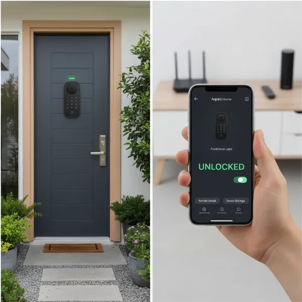 Aqara U100 smart lock integrated into a smart home ecosystem, showing remote control via a smartphone app.