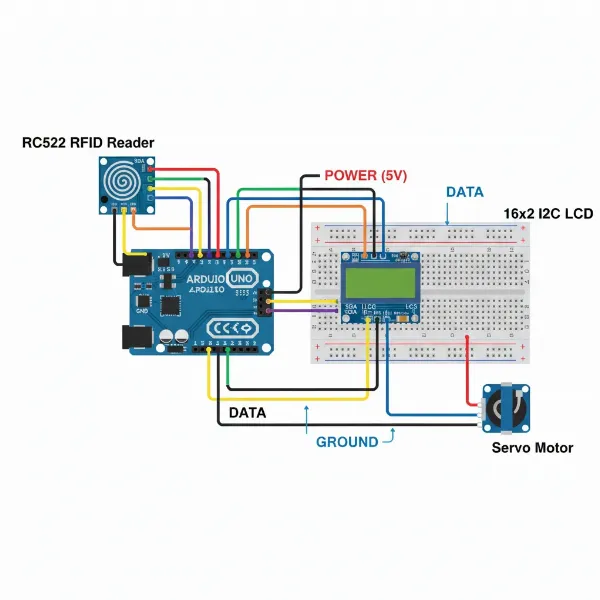 A detailed wiring diagram showing an Arduino Uno connected to an RC522 RFID reader, LCD, and servo motor.