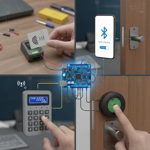 Various DIY Arduino smart lock access methods including RFID, Bluetooth, keypad, and fingerprint sensor.