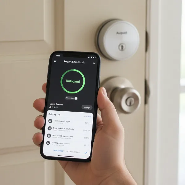 Smartphone displaying the August smart lock app interface with various control and monitoring features.