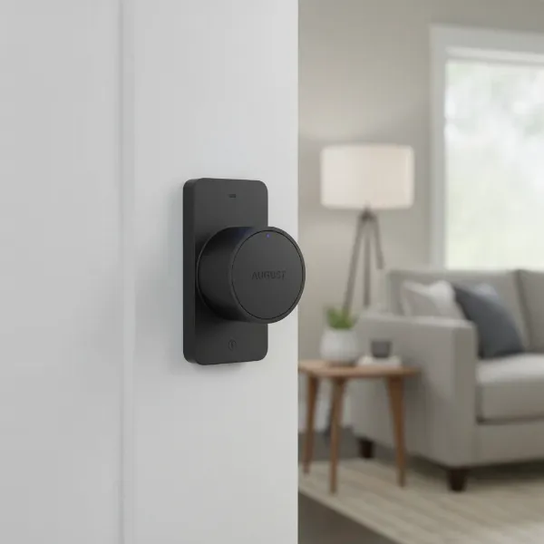 Close-up of August Wi-Fi Smart Lock 4th Gen installed on interior of a modern door.