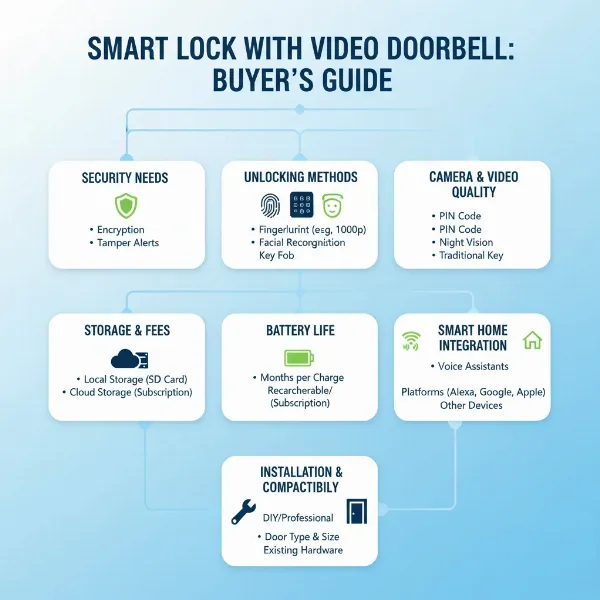 Infographic displaying key features to consider when buying a smart lock with a video doorbell.