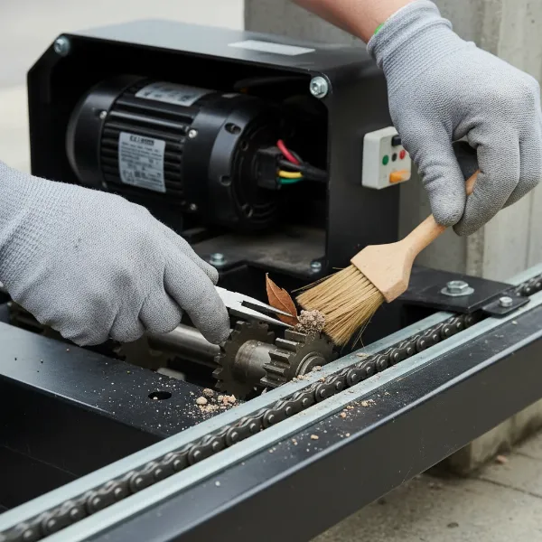 Hands carefully removing debris from a motor mechanism to clear an obstruction.
