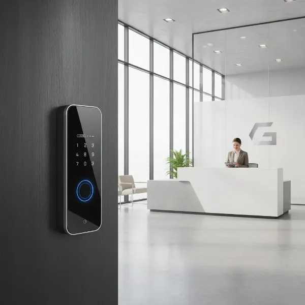 Modern commercial office lobby with a smart lock on a main entrance door, showing enhanced security.