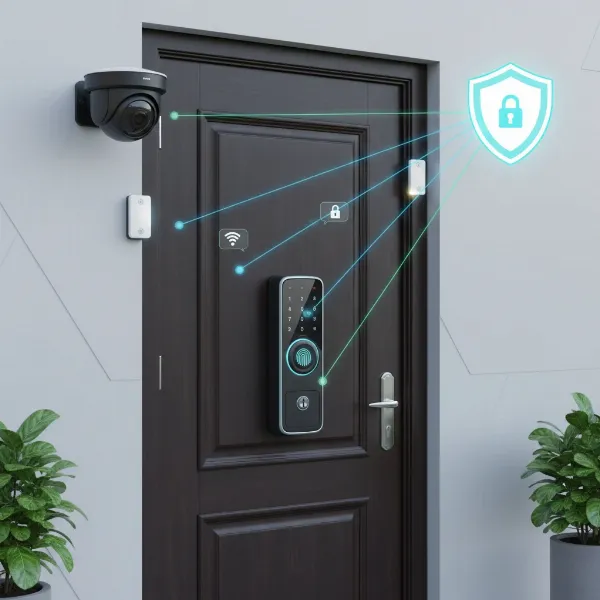 Smart home security setup with a smart lock, camera, and door sensor for enhanced protection.