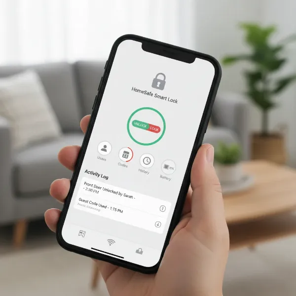 A smartphone screen displaying a smart lock app with controls for locking/unlocking and managing access.