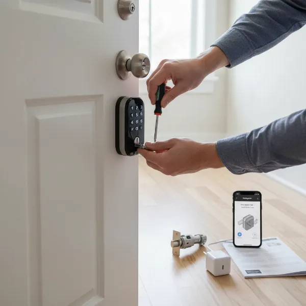 Hands installing a Defiant Hubspace smart deadbolt on a door, showing components and tools.