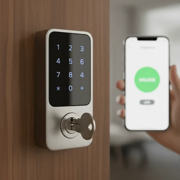 A Defiant Hubspace smart deadbolt with keypad, physical key, and phone app icon indicating diverse access.