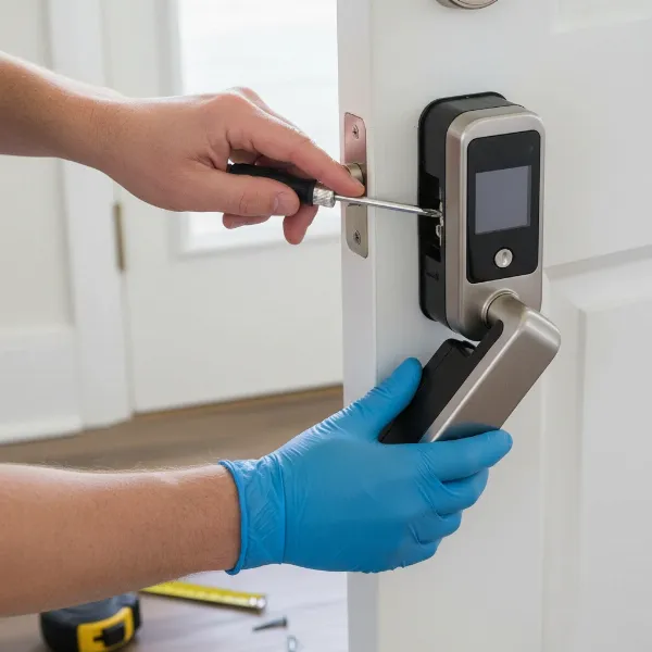 Hands installing a new smart lock deadbolt on a wooden door with a screwdriver.