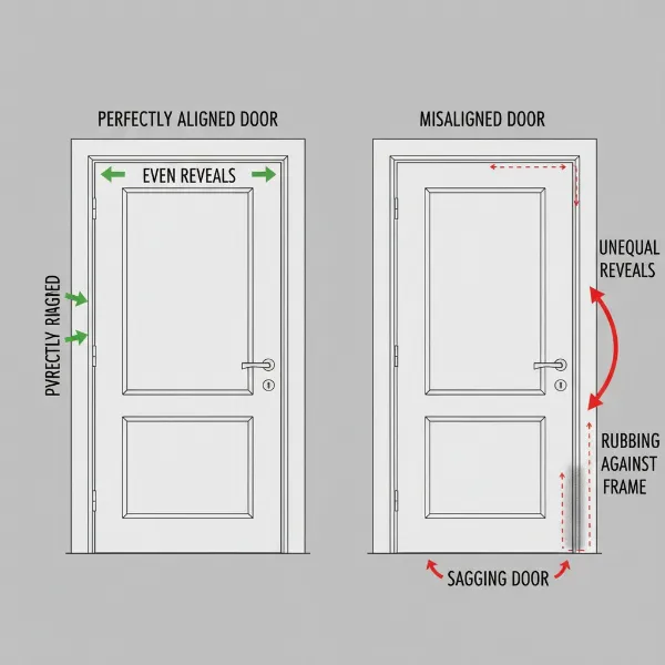 Visual cues of door misalignment showing uneven gaps, door sagging, and rubbing points.