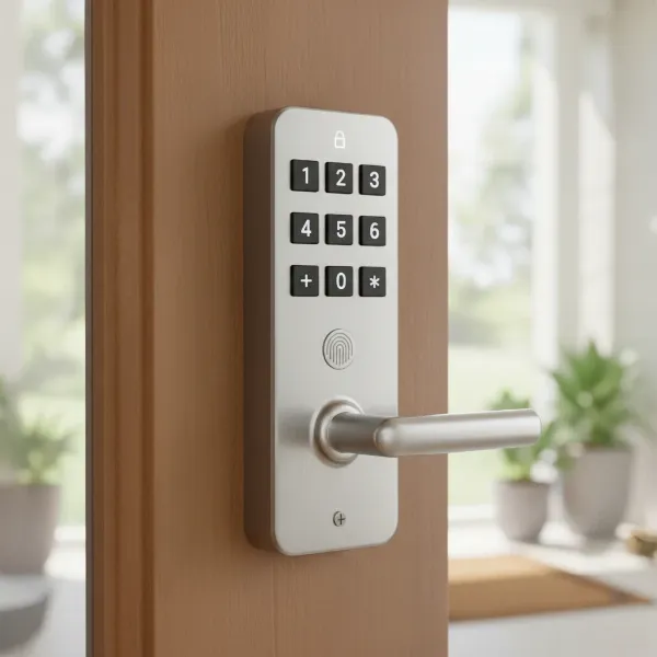 A modern Elemake keypad door lock installed on a wooden door, showing its numerical pad.