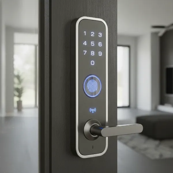 An Elemake smart keypad lock with biometric fingerprint scanner and numerical pad.