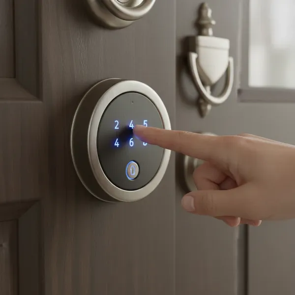 Hand typing a code on a Schlage Connect Smart Deadbolt touchscreen keypad.