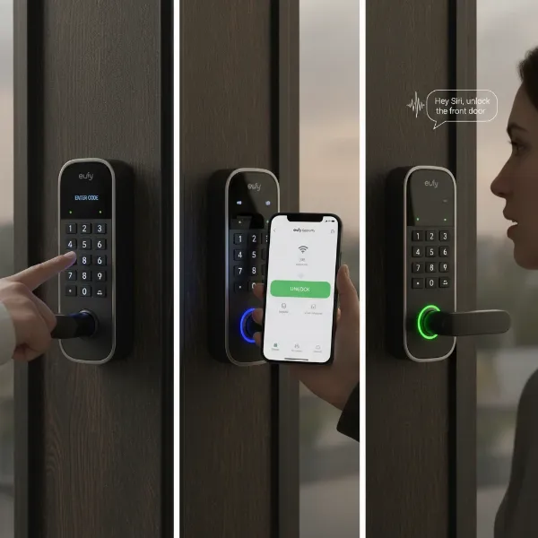 A person using the Eufy Smart Lock C210, illustrating its multiple convenient unlocking methods.
