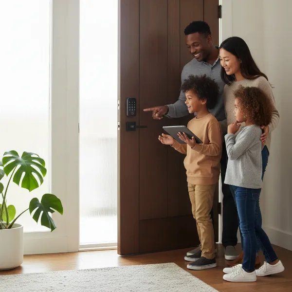 A family creating a secure and memorable smart lock passcode together, emphasizing collaboration and safety