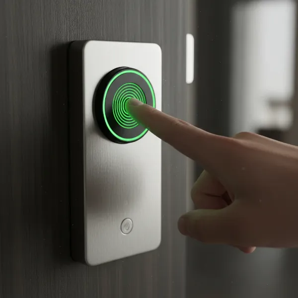 Close-up of a hand quickly unlocking a smart lock with a fingerprint.