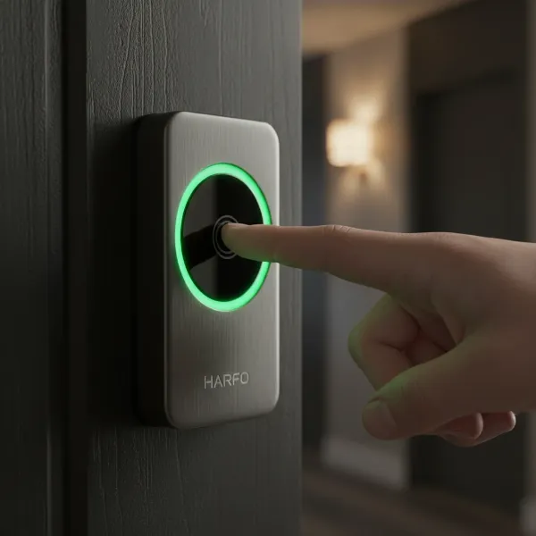 A person's finger unlocking the Harfo fingerprint door lock quickly.
