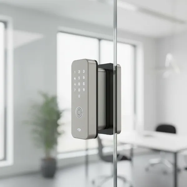 A modern, frameless glass office door secured with a specialized clamp-style smart lock.