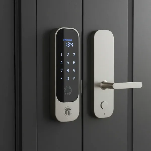 A modern full replacement smart lock with integrated keypad and sleek design on a front door.
