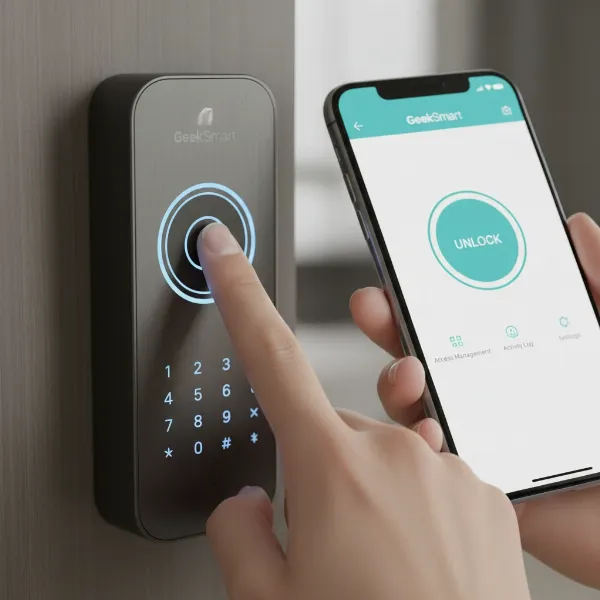 Geek Smart lock demonstrating multiple unlocking methods, including fingerprint, keypad, and smartphone app.