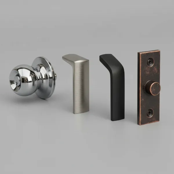 Close-up comparison of various metal hardware finishes like polished, brushed, matte, and antique.