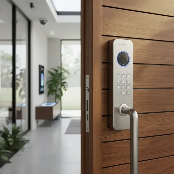 Harfo fingerprint smart lock installed on a modern home door.