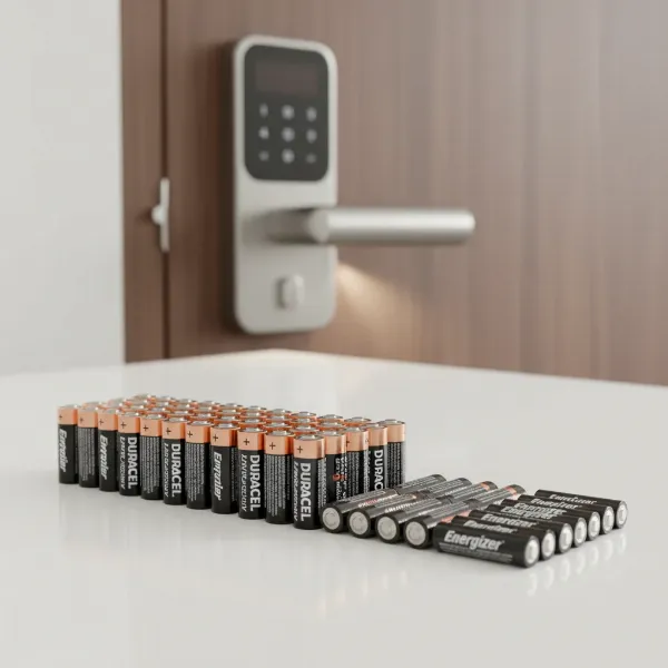 Assortment of high-quality alkaline batteries recommended for smart locks with a smart lock visible.