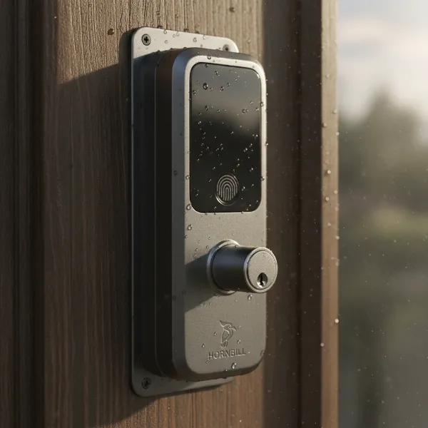 Hornbill smart lock on a door, showing durable construction and weather resistance.
