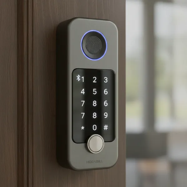 Close-up of Hornbill smart lock with fingerprint sensor and keypad.