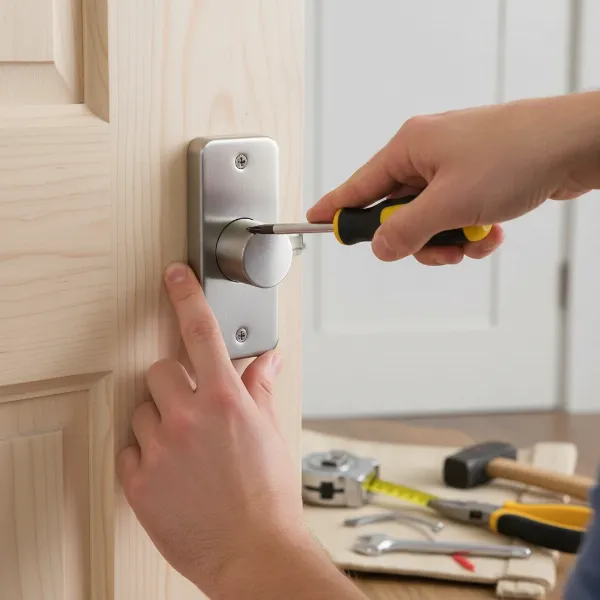 A person's hands using a screwdriver to install a Hugolog electronic deadbolt on a door