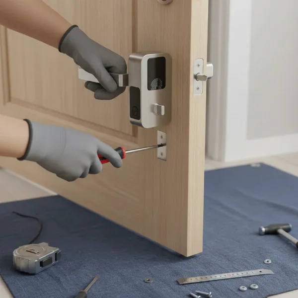 Hands installing a smart lever lock on an interior wooden door, tools visible.