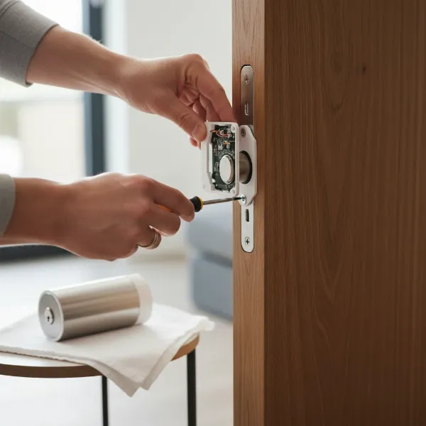Hands installing a Yale Linus smart lock mounting plate over a Euro cylinder on a door.