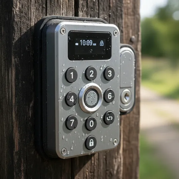 Close-up of a weather-resistant smart lock, with water droplets and dust emphasizing its high IP rating.
