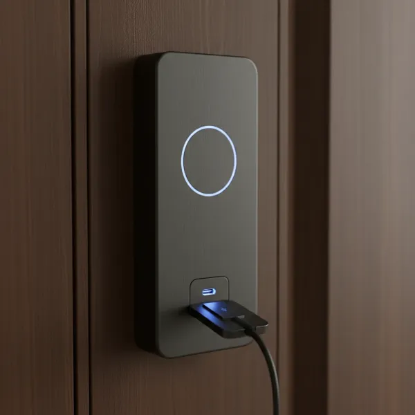 Sleek, modern keyless smart lock with visible USB-C charging port for emergency power.