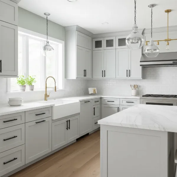 Modern kitchen with contrasting hardware finishes on white cabinets and a dark island.