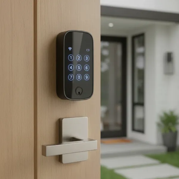 Kwikset Halo Touchscreen Wi-Fi Smart Lock installed on a modern front door.