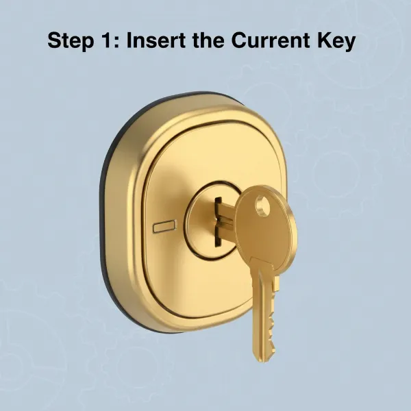 Illustration of Kwikset SmartKey rekeying a smart lock, showing tool insertion and key rotation.