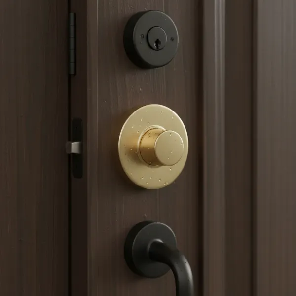 Close-up of a Level Touch smart lock integrated discreetly into a wooden door, appearing like a traditional deadbolt.