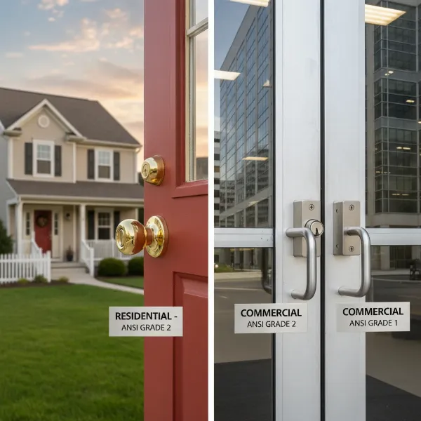 Comparison of lock grades applied to residential and commercial building types for security.