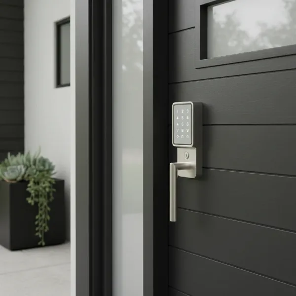 Lockly Secure Pro smart lock in satin nickel finish on a modern front door.