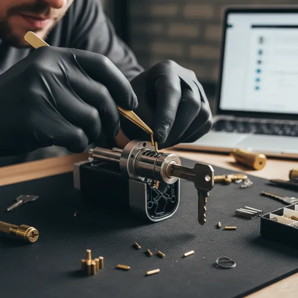 Professional locksmith rekeying a pin and tumbler smart lock cylinder with specialized tools and new pins.