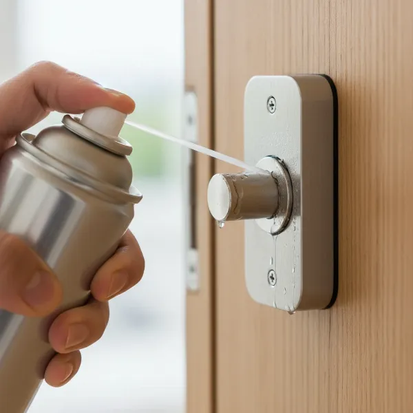 A hand applying silicone spray lubricant to a smart lock's deadbolt mechanism on a door.