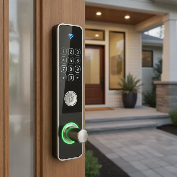 A modern keyless entry door lock on a front door, symbolizing enhanced home security and convenience.