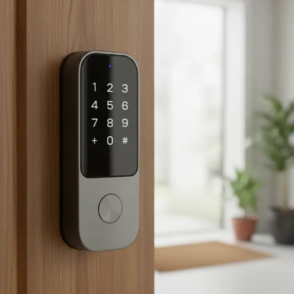 A sleek smart door lock with a digital keypad and fingerprint sensor on a modern wooden door.