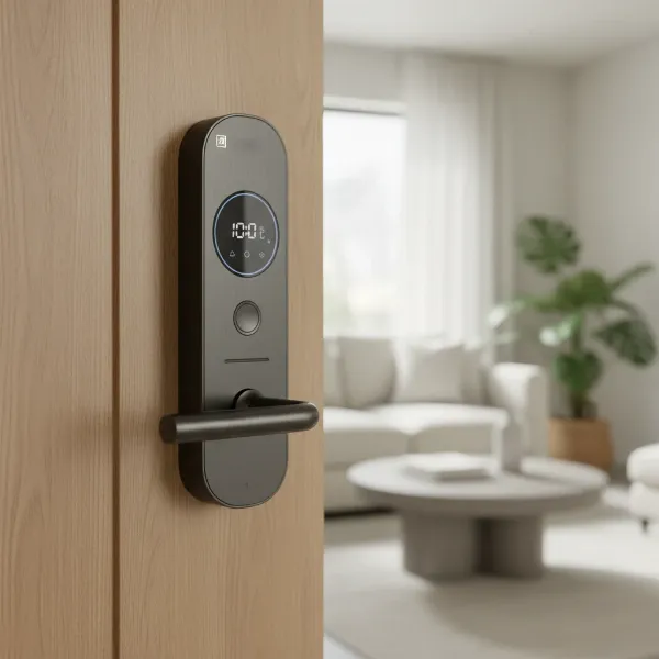 Sleek, modern Tediton smart door lock installed on a contemporary home entrance door